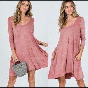 Dark Pink 3/4 Sleeve Dress With Pockets, L NWOT